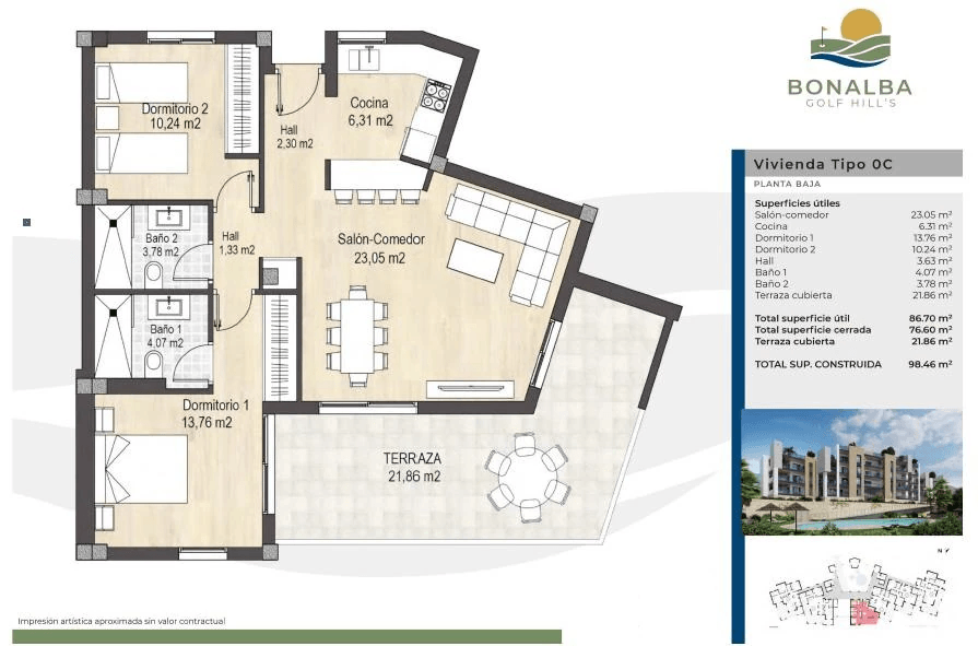 Apartamento Obra Nueva Bonalba Golf Hills Mutxamel 2 dormitorios terraza